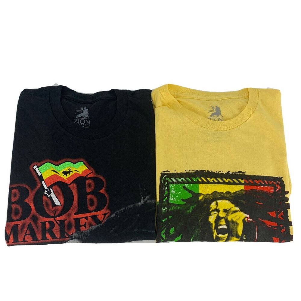 2 Men's Bob Marley Zion Rootswear SS T-Shirts 2013 Black & Yellow XXL NOS‎